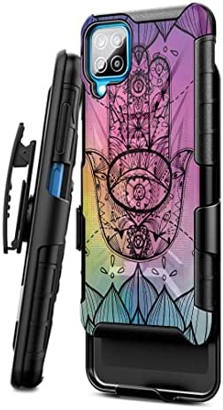 Калъф-капсула, която е съвместима за Galaxy A12 [Военна ударопрочная сверхпрочная поставка с клип за колан, Хибриден черен калъф за телефон] Samsung Galaxy A12 SM-A125F (Lotus Hamsa)