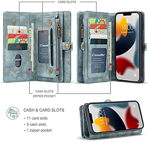 WintMing е Съвместим с iPhone 13 Pro Max Калъф-портфейл с 11 отделения за карти Магнитни Подвижна Кожен калъф с Защитен калъф за ремешке (син, 13 Pro Max 6,7 )
