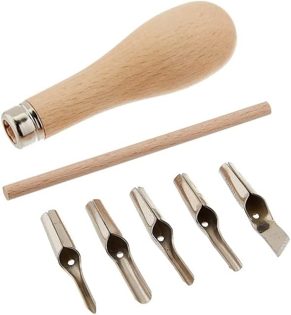 Набор от инструменти за изрязване на изделия от Каучук Щанци за рязане Линоблоков с Дървена дръжка с 5 остриета, Набор
