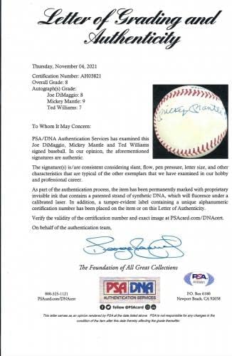 Джо Ди Маджо - Мики Мэнтл - Тед Уилямс, Подписан от Бейзболна асоциация PSA - Бейзболни топки с автографи