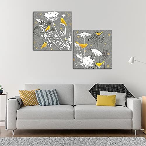 Птица на Цъфтящи Цветове Стенен Арт Декор Жълто-Сив Съвременни Произведения на изкуството, Платно Живопис Щампи Картини