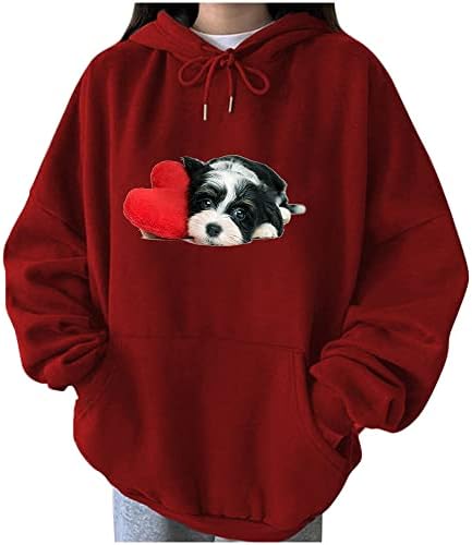 Големи качулки за жени сладък и сърцето куче печатни пуловер свободни падането на рамото, с дълъг ръкав с качулка с drawstring