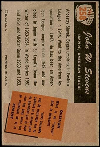 1955 Боуман # 258 Джон Стивънс Съдия (Бейзболна картичка) Съдия NM / MT