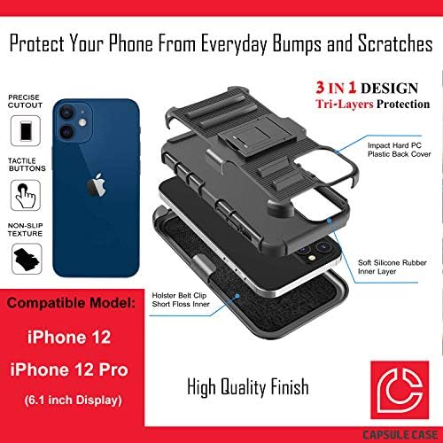 Калъф Ohiya е Съвместим с iPhone 12 [Защита от военен клас, Ударопрочная Сверхпрочная кобур с поставка за краката, Защитен Черен калъф за iPhone 12 с 6,1-инчов дисплей (баскетбол