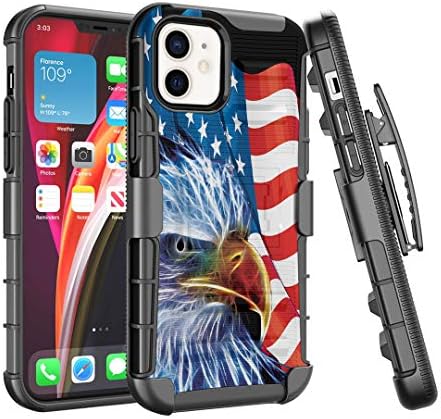 Калъф Ohiya е Съвместим с iPhone 12 [Защита от военен клас, Ударопрочная Сверхпрочная кобур-стойка, Защитен Черен калъф за iPhone 12 с 6,1-инчов дисплей (American Eagle)