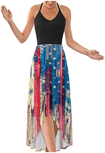 Женствена рокля на бретелях iQKA, 4 юли, рокля миди със звездно-раиран принтом хартата на САЩ, лятна дълга рокля без
