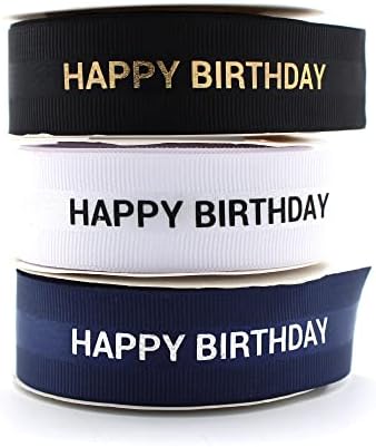 Тъмно синьо и сребриста лента Happy Birthday от сатен и в голям рубчик ширина 22 мм - идеален за вашите бижута и подаръци