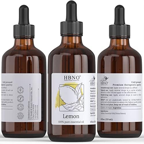 HBNO Етерично масло от лимон 4 унции (120 мл) - Чисто и натурално масло от лимон студено пресовано - Идеалното етерично