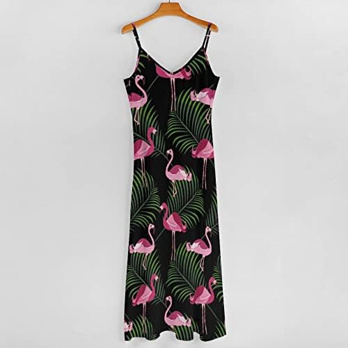 Жена Макси рокля с Розови Фламинго и Тропическа Флора с V-образно деколте, Лятна Плажна Рокля Midi Без Ръкави на спагети