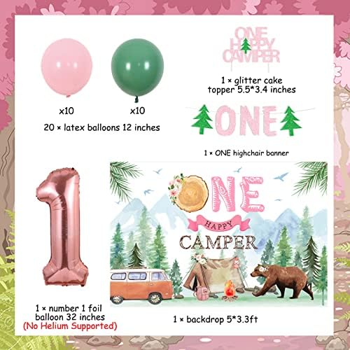 Украса за Рожден Ден One Happy Camper Розово за момичета, Розов Фон за Къмпинг на 1-ви Рожден Ден - Брилянтен Торта Happy