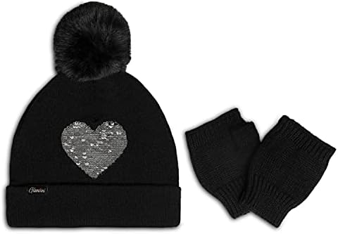 Комплект шапки Glambini и Ръкавици с Сърце от пайети за деца, Зимна Шапка за момчета, Черни Шапки