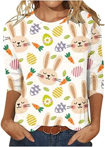 Сладък Великденски Ризи с Цветен Модел Яйца Заек с 3/4 ръкав за Жени, Свободни Ежедневни Тениски с Графичен Дизайн, Празничен