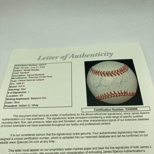 Санди Куфакс подписа Официален договор в Националната лига бейзбол с JSA COA - Бейзболни топки с автографи