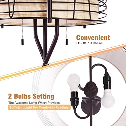 Лампи за дневна с двоен барабан абажуром - Промишлен, Стоящ лампа в Фермерска къща, 65 Висок Селски Бронзов Тъкани Метална