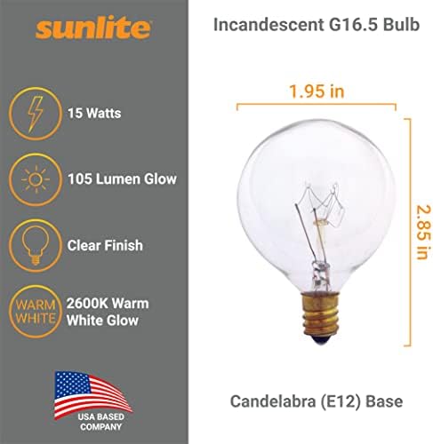 Крушки Sunlite 40148-СУ G16.5 Globe мощност 15 W, с Цокъл под формата на канделябра (E12), 120 Волта, Прозрачни, Лампа