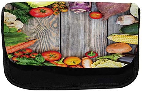 Foldout молив случай за храни, Зеленчуци на Дървена маса, на Тъканта, Чанта за моливи с двоен цип, 8,5 x 5,5, Многоцветен