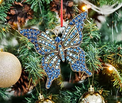 JUESMOS Пеперуда Коледен Орнамент 2022, Пеперуда-Монарх Украса за Коледната Елха Украса Сини Пеперуди Висящи Украшения,