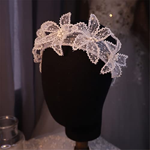HOUKAI JIAMEI Завързана цвете, малки перлени ленти за коса, украсени с мъниста, сватбена превръзка на главата, сватбени бижута за булката, аксесоари за коса