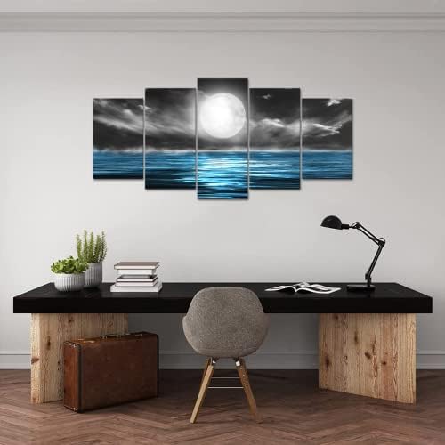 YeiLnm 5 Панели Платно Стенно Изкуство Луната Океана Пейзажные Картини на Печат Черно-Бял на Син Морски Картини на Модерен