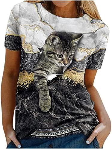 Модна Тениска за Жени, Тениски с 3D Принтом Сладък Kitties, на Върхове с кръгло деколте и Къс Ръкав, Летни Ежедневни