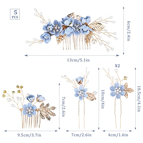 BOWINR 5 Опаковане. Сватбена Прическа, Гребен за коса, Синьо Цвете, Аксесоари За Коса С Кристали, Шнола за Коса Ръчна