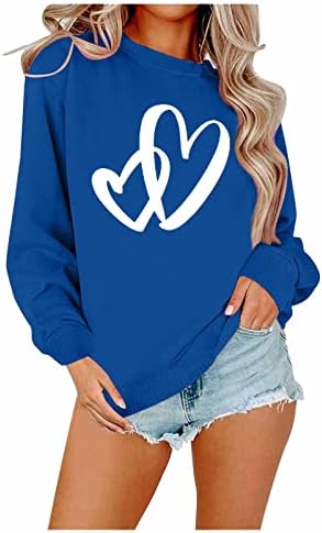 JJHAEVDY Дамски Блузи с кръгло деколте и дълъг Ръкав с принтом във формата на Сърце, Всекидневни Пуловер, Лека Дишаща