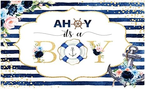 Allenjoy Ahoy Its a Boy Морски Фон Детски Душ за Прекрасната Новородени Добре Дошли, Тъмно Синьо Цвете Банер за Фотозоны,