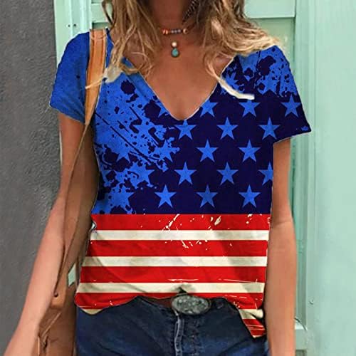 Основи на Женската Риза Дамски Американската Звезда Флаг Топ Тениска С V Образно деколте, Риза Модни Блузи С Къс Ръкав