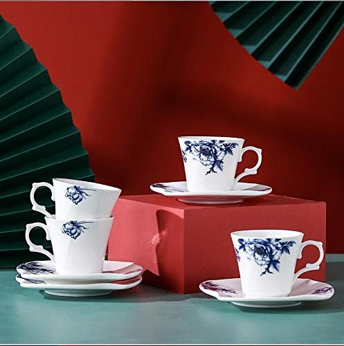 Порцеланови Чаши за еспресо Porlien Blue с цветен модел на 2 унция/Demitasse, Комплект от 4 Чаши и блюдец, за Чай, парти,