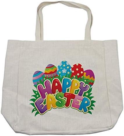 Великден чанта за пазаруване Ambesonne, Декоративни Яйца в Карикатура стил, с цветове, на точки и райета, Надпис Happy