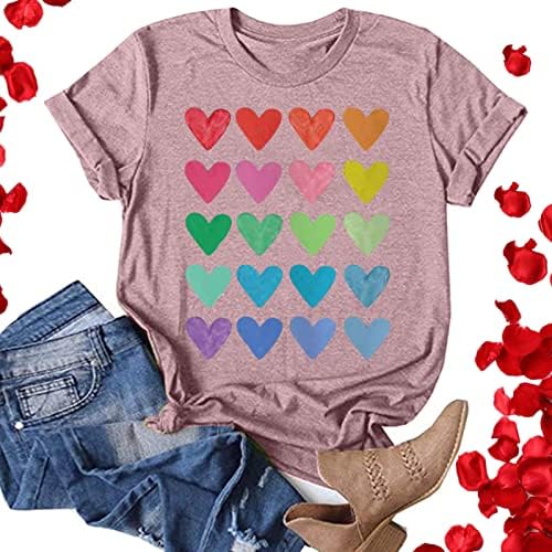Комплект женски ризи, дамски ежедневни ризи с принтом в Деня на Св. Валентин, тениски с кръгло деколте и къс ръкав, потник,