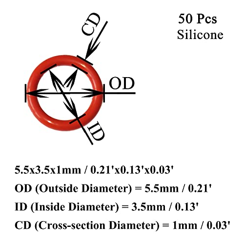 Ofowin [50 бр] Силиконови Уплътнителни Пръстени Червен Цвят 5,5 мм, Диаметър 3,5 мм, Ширина 1 мм, Metric оборудване запечатване