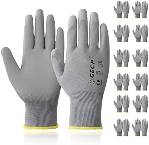 GECP 12 Чифта Предпазни работни ръкавици, Мъжки Тънки работни ръкавици, с антиоксидантна полиуретанова боя с покритие