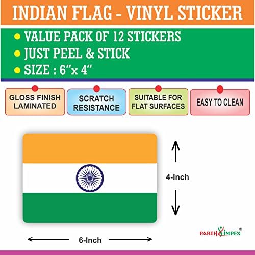 Етикети с флага на Индия - (Опаковка от 12 броя) 6 x 4 Голяма индийска Ламиниран Винил Броня Стикер за Автомобил колата,