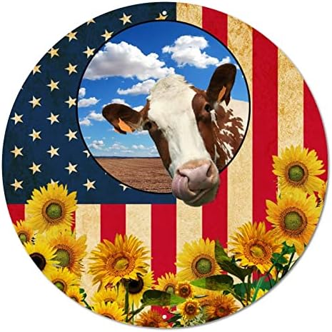 Выветрившийся Флаг на САЩ Забавно Крава във ферма в Синьото Небе, Навес Слънчогледи Кръгла Метална Плоча Реколта Метални