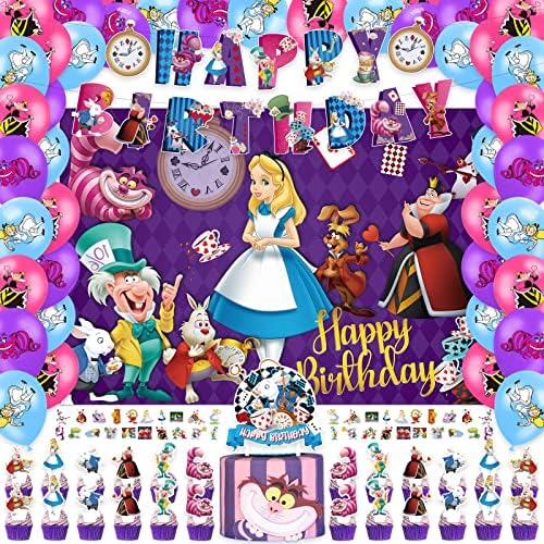 Вечерни украса на Алиса в Страната на чудесата, аксесоари за парти в чест на рождения ден, включват банер happy birthday,