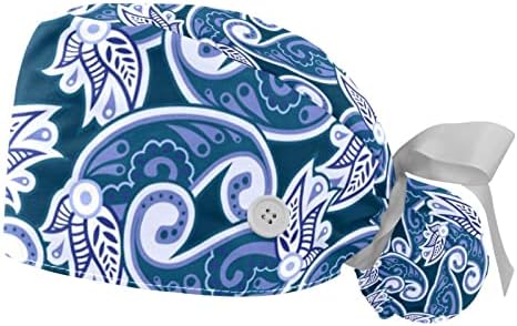 2 Опаковане на Женската Работна шапка с Копчета, Завязанной Отзад на Панделка, с Шарени Вратовръзки, Сини Дълги Калъфи