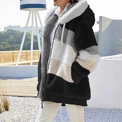 Дамски Руното яке с качулка от изкуствена кожа, Пухкави якета с цип, Модно Дамско Зимно палто 2022 г. (Средни, черни-A)