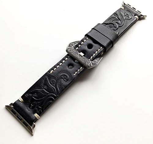 Черен с Сиво Релефно Каишка от естествена Луксозна кожа с надпис и ключалката, съвместим с Apple Watch 38 мм на Всички