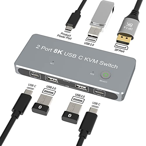 CABLEDECONN USB-C 8K KVM switch 8K @ 60Hz 4K @ 144Hz DP 1.4 2xUSB-C КОМПЮТЪР на един монитор Дисплей с 3xUSB3.0 2 PC
