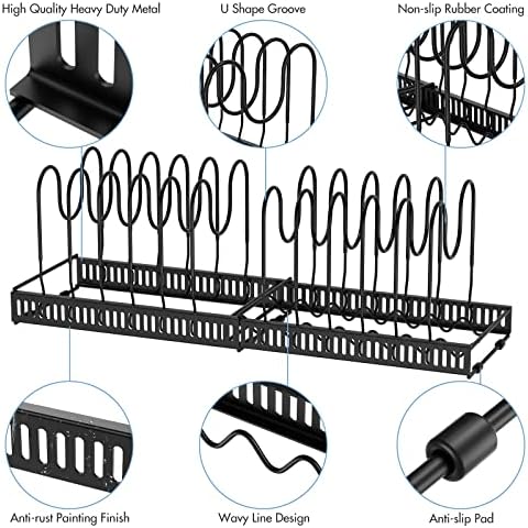 Felibeaco Разтегателен Часова-Органайзер за тенджери и тигани с 12 + Регулируеми Разделители, Регулируема Поставка-Органайзер