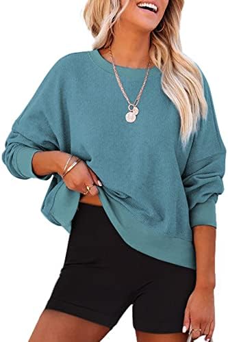 HOTAPEI / Дамски Блузи с кръгло деколте, Ежедневни Обикновена Пуловери в Рубчик С Дълъг Ръкав, Скъсяване на Върховете