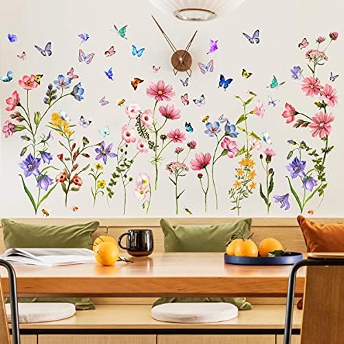 Пъстри Флорални Стикери за Стена с Пеперуда и Пчела 88 броя, Сменяеми Цветни Стикери за Стена, Арт Декор на стените на