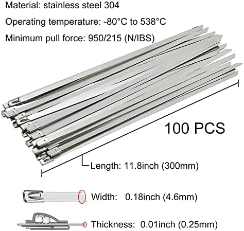 Металните връзки, с цип 11.8 инча 100шт 304 неръждаема стомана Тежки многофункционална самоблокирующиеся кабелни превръзки,