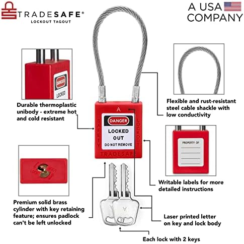 Стоманени кабелни ключалки TRADESAFE с маркировка за заключване с ключ - 10 Еднакви брави с червени ключове, Неограничена