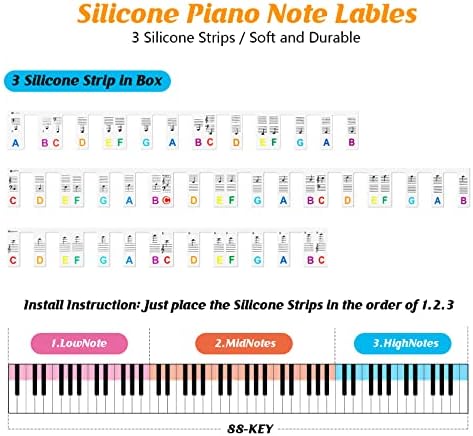 Стикери за бележки на клавиатурата на пиано WOOCAI Подвижни - 88 клавиша пълен размер Силиконови стикери за клавиши на