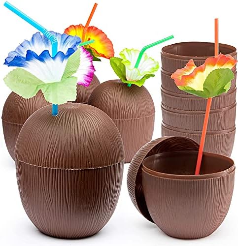 Preextex 12 Опаковки от Кокосови Чаши за хавайски детски парти в стил Luau с Флорални Соломинками от хибискус - Тики