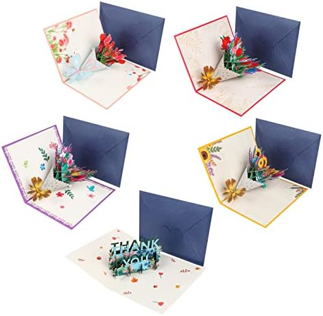 Цветя Изскачащи Картички, 5 броя 3D Цветни Поздравителни Картички, Картички за Деня на Майката с Конвертами Картичка