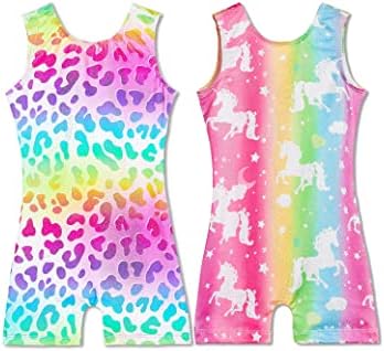 Комплект Гимнастика Трика за момичета с Цветно Леопард и Малки деца, Спортен Бански костюм с Розови Единорогом, Размер