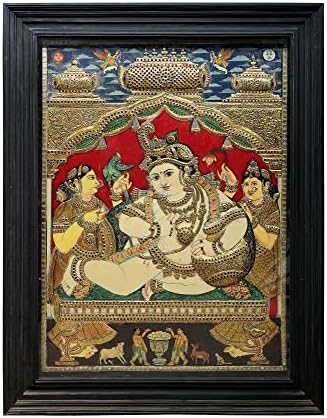 Екзотична Индия 43 x 55 Картина Наванита Кришна Танджоре | Традиционните Цветове С 24-Каратово злато | Рамка от Тиково